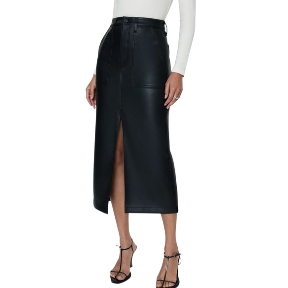 PISTOLA Size 26 Alice Midi Skirt Front Slit Faux Leather Slate Black Minimalist - Picture 1 of 14